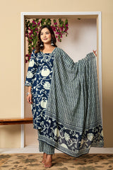 Cotton Pure Printed Navy Blue Dupatta Set