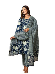 Cotton Pure Printed Navy Blue Dupatta Set