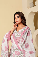 Cotton Pure Pink Floral Printed White Dupatta Set