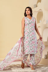 Cotton Pure Pink Floral Printed White Dupatta Set