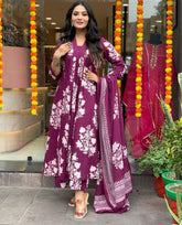 Cotton Anarkali Purple Dupatta Set