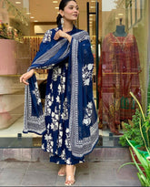 Cotton Anarkali Blue Dupatta Set