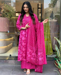 Cotton Pink Anarkali embroidery Dupatta Set