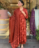 Floral Printed Red Cotton A-Line Dupatta Set