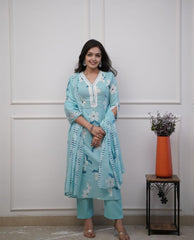 Beautiful Embroidery Blue Cotton Floral Printed Dupatta Set