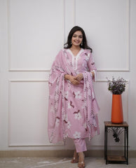 Beautiful Embroidery Pink Cotton Floral Printed Dupatta Set
