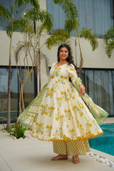 Floral Printed Anarkali White Dupatta Set