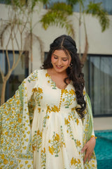 Floral Printed Anarkali White Dupatta Set