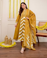 Cotton Print Hand Work Straight Yellow Dupatta Set