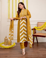 Cotton Print Hand Work Straight Yellow Dupatta Set