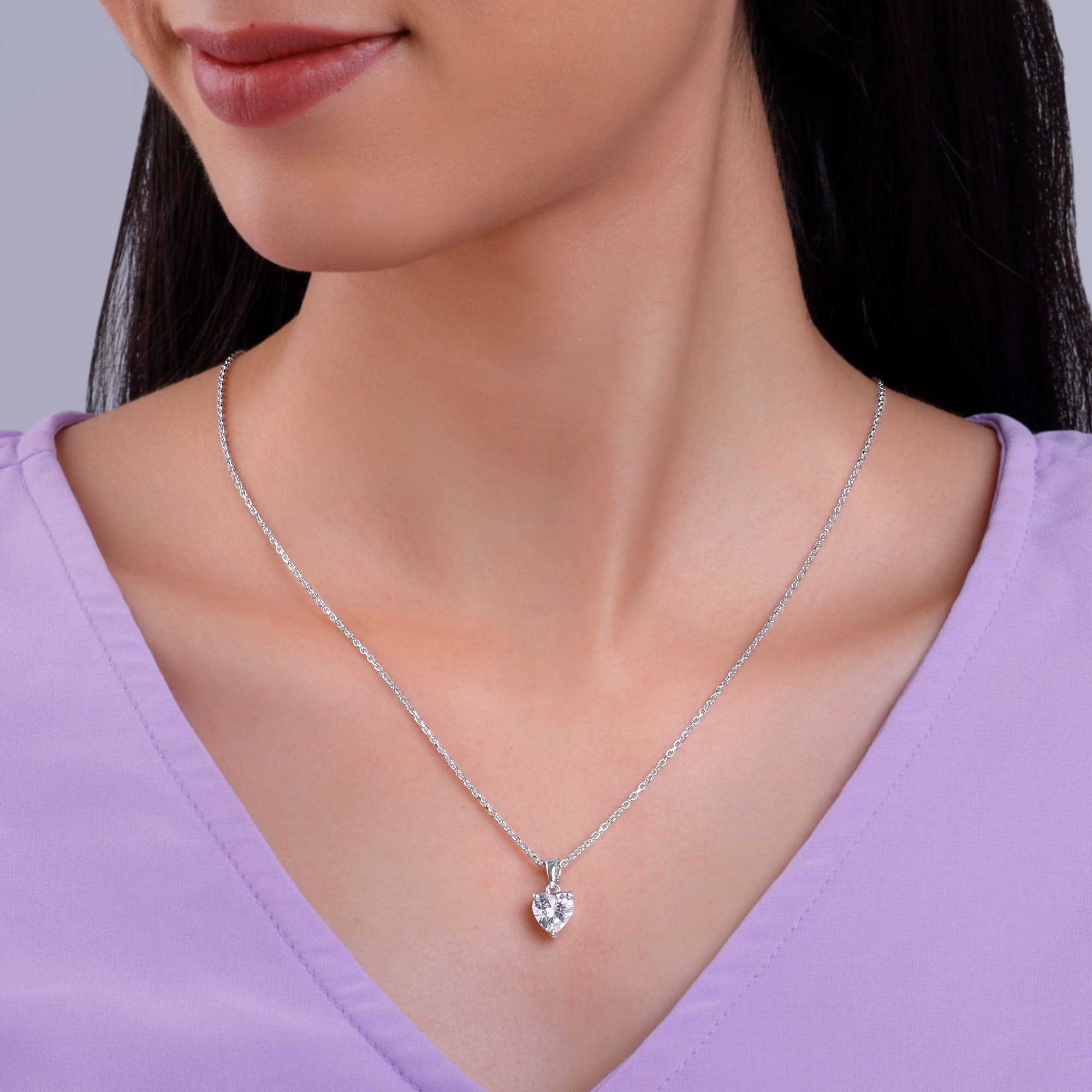 Silver Solitaire Heart  Pendant with Link Chain