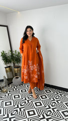 Cotton pure floral orange dupatta set