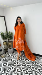 Cotton pure floral orange dupatta set