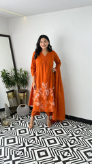 Cotton pure floral orange dupatta set