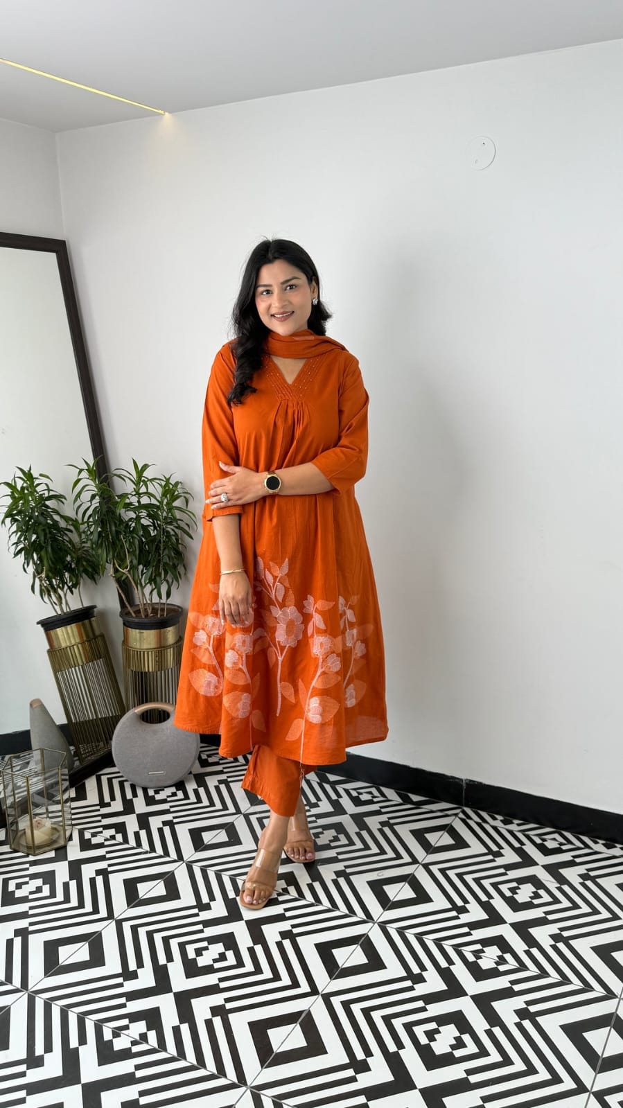 Cotton pure floral orange dupatta set