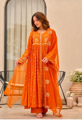 Cotton Pure Embroidery Orange Dupatta Set