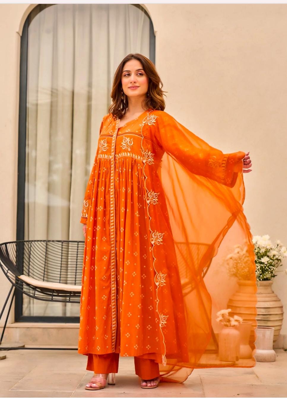 Cotton Pure Embroidery Orange Dupatta Set