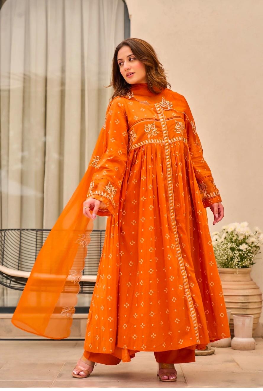 Cotton Pure Embroidery Orange Dupatta Set