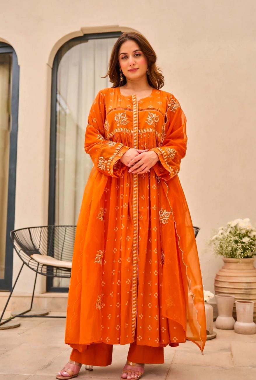 Cotton Pure Embroidery Orange Dupatta Set