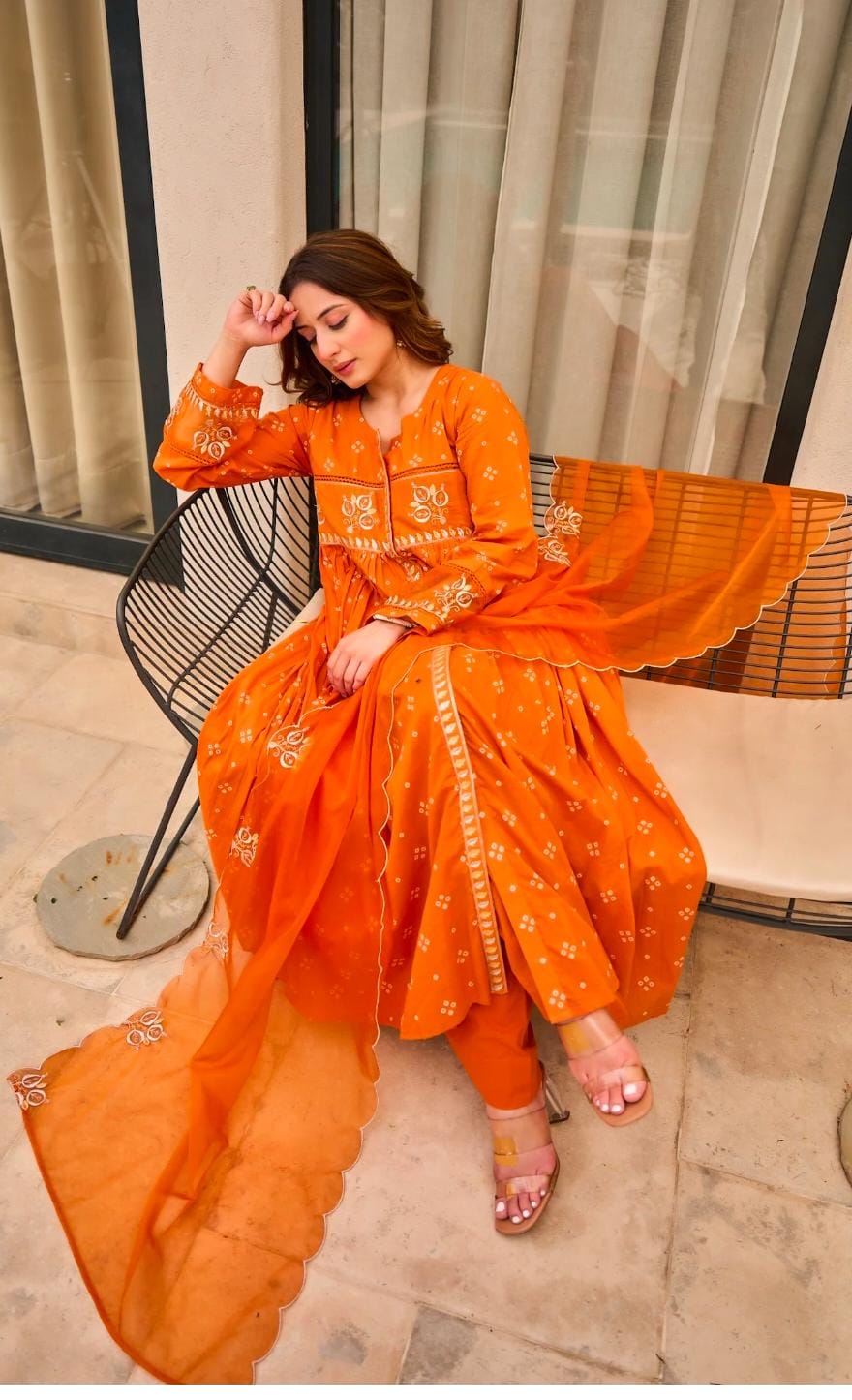 Cotton Pure Embroidery Orange Dupatta Set