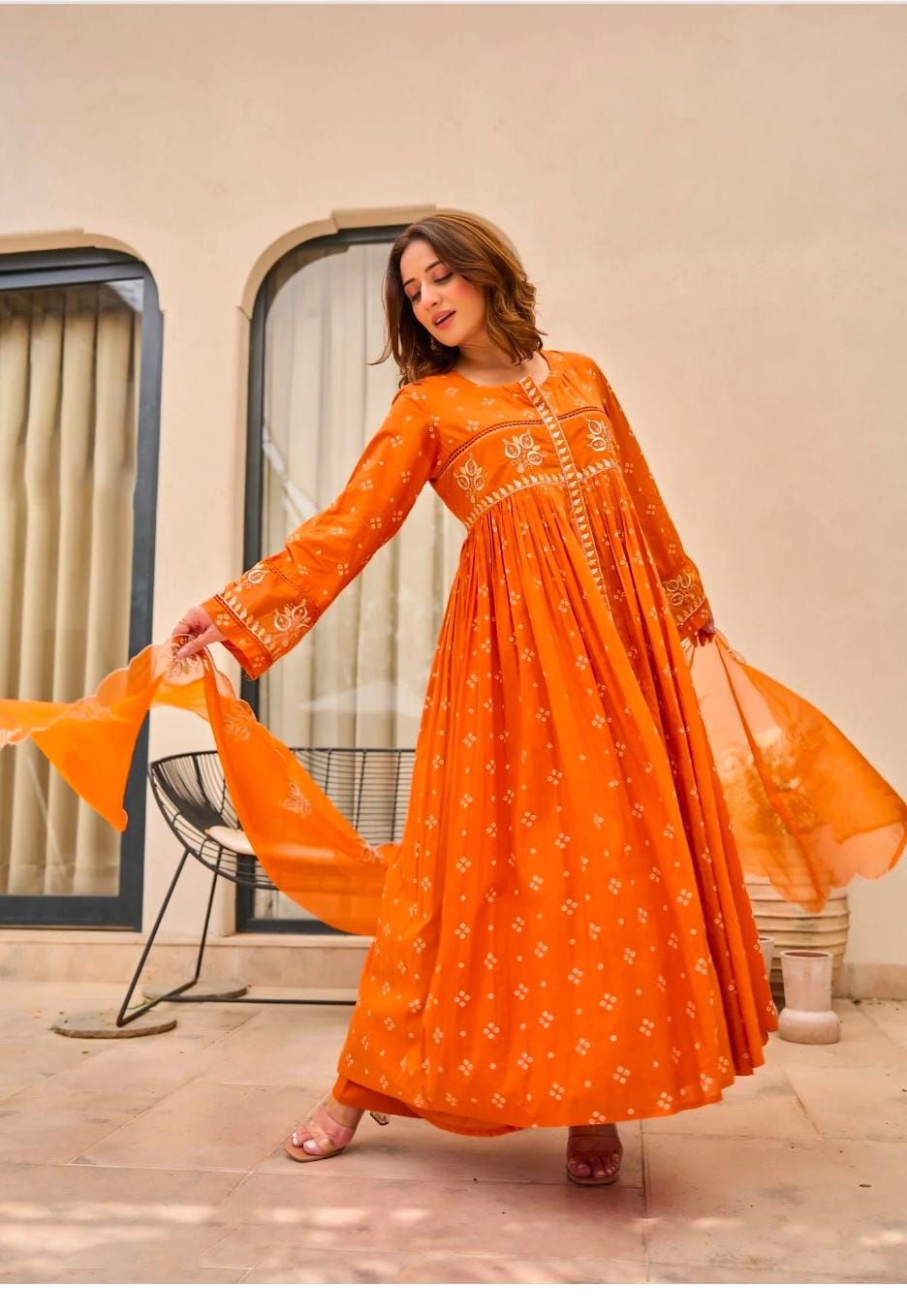 Cotton Pure Embroidery Orange Dupatta Set