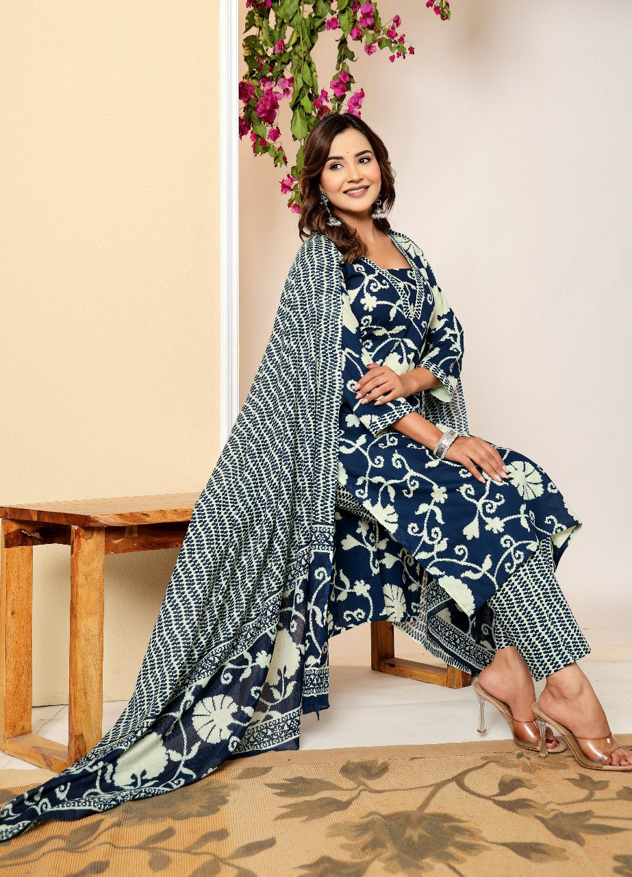 Cotton Pure Printed Navy Blue Dupatta Set