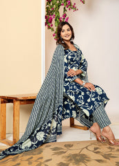 Cotton Pure Printed Navy Blue Dupatta Set