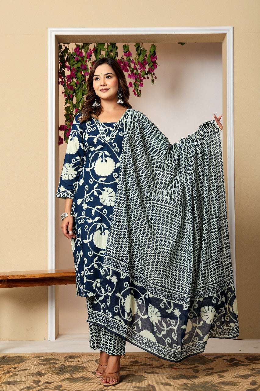 Cotton Pure Printed Navy Blue Dupatta Set