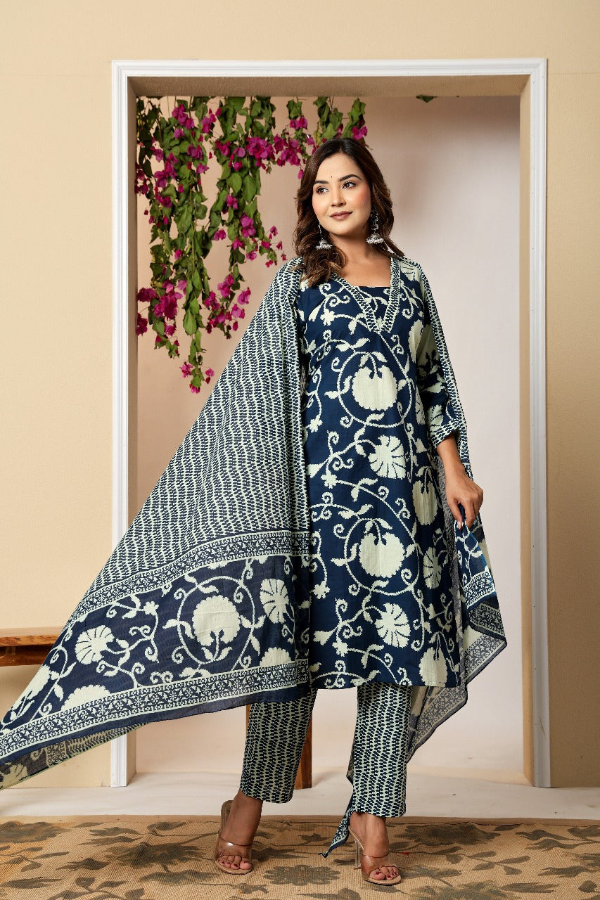 Cotton Pure Printed Navy Blue Dupatta Set