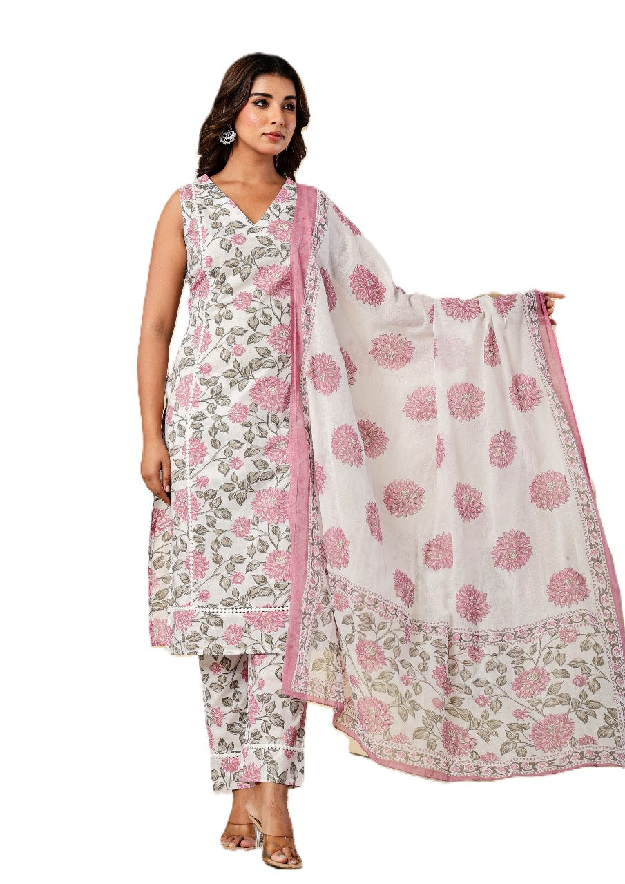 Cotton Pure Pink Floral Printed White Dupatta Set
