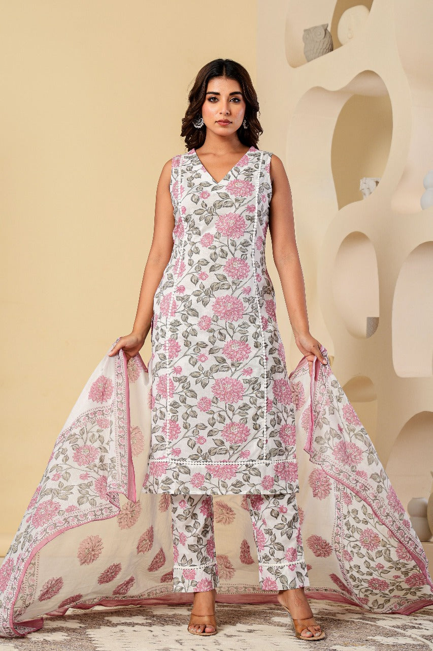 Cotton Pure Pink Floral Printed White Dupatta Set