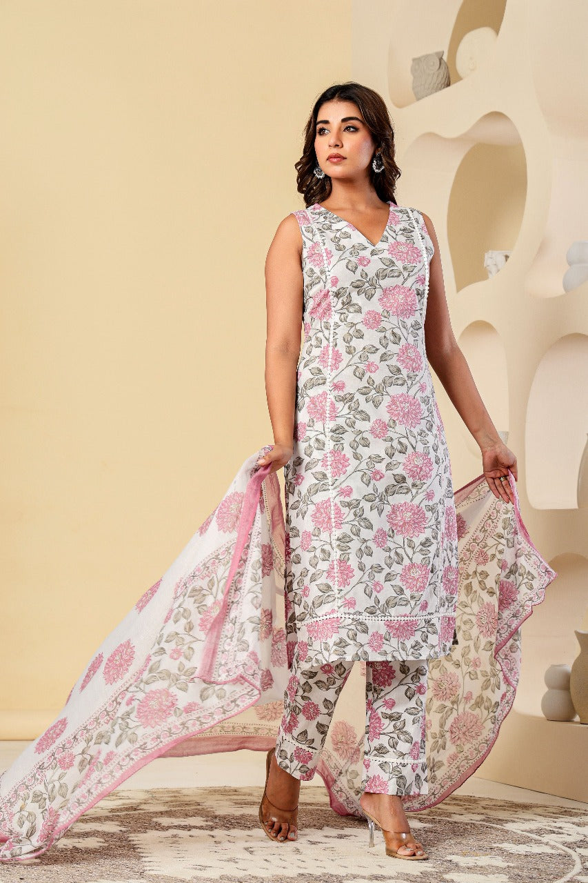 Cotton Pure Pink Floral Printed White Dupatta Set