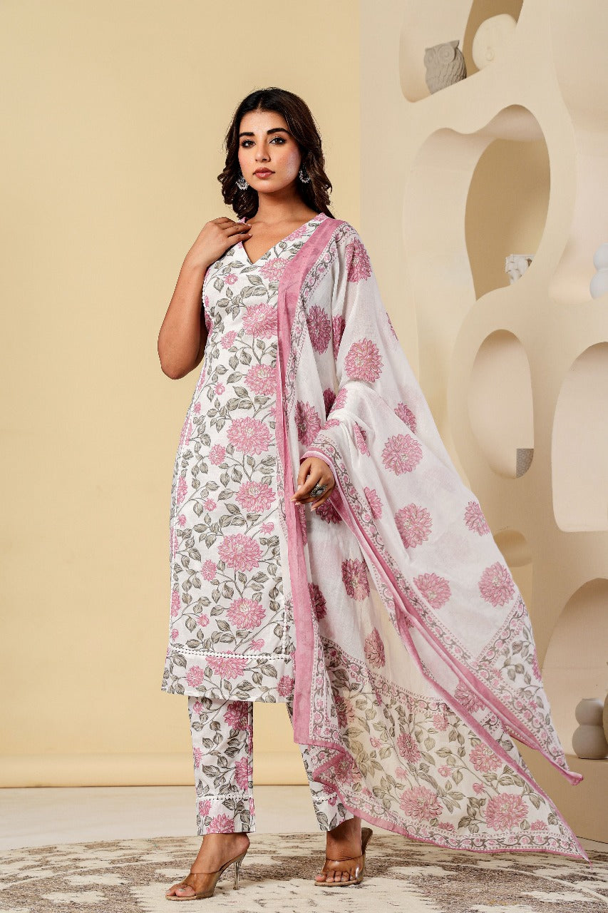 Cotton Pure Pink Floral Printed White Dupatta Set