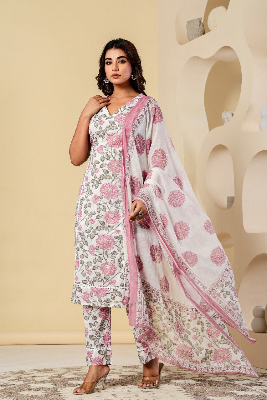 Cotton Pure Pink Floral Printed White Dupatta Set