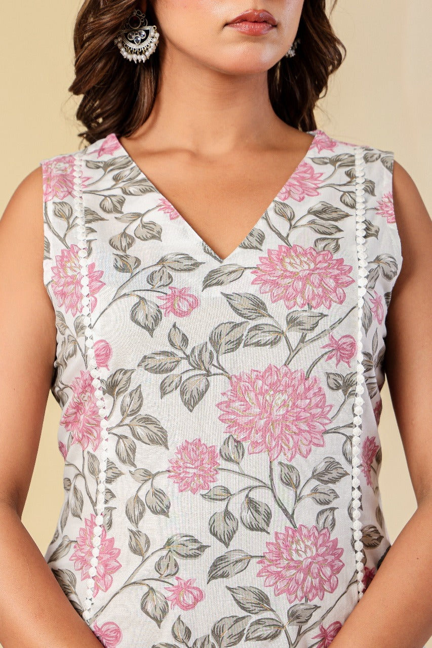 Cotton Pure Pink Floral Printed White Dupatta Set