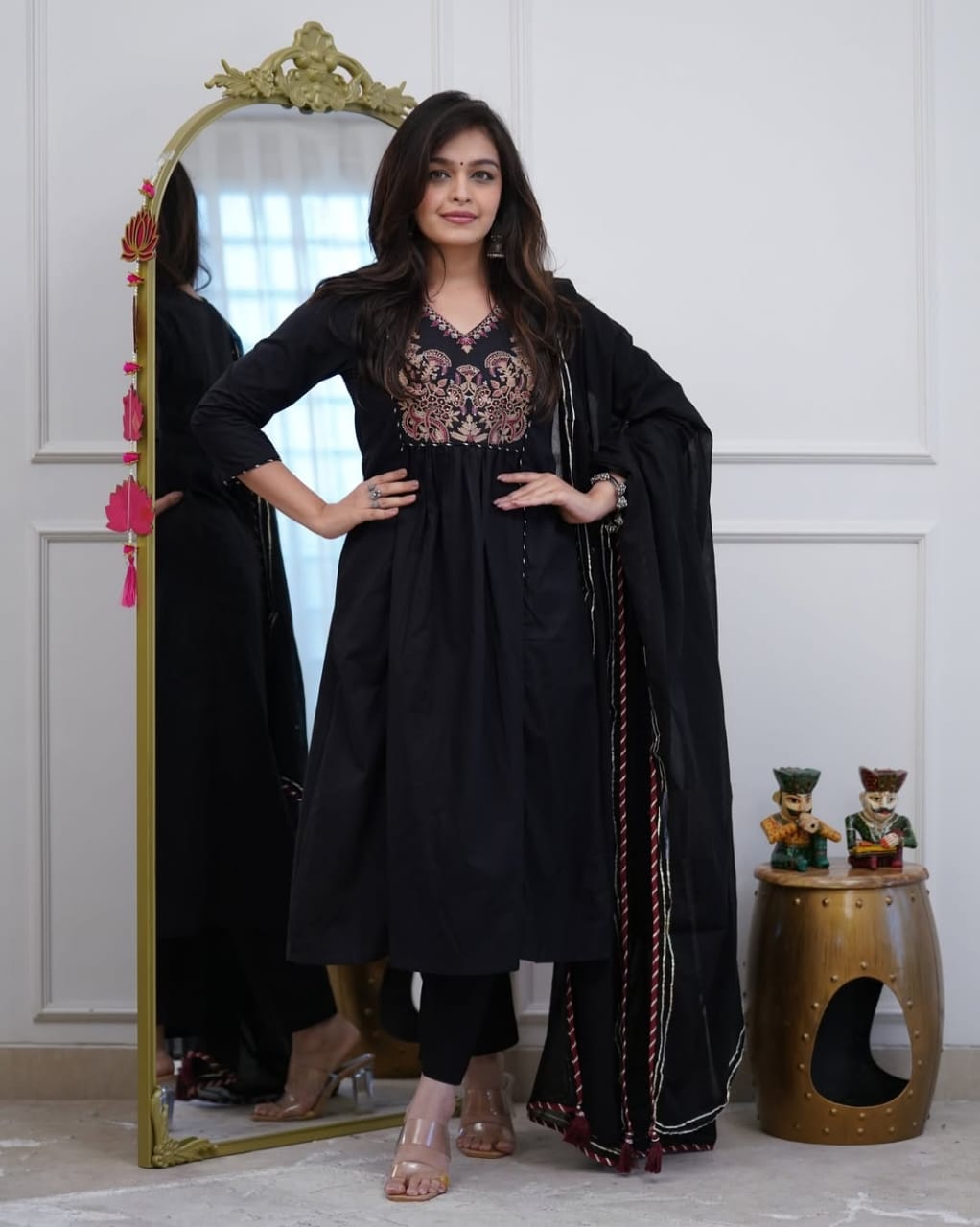 Anarkali Black Cotton Dupatta Set