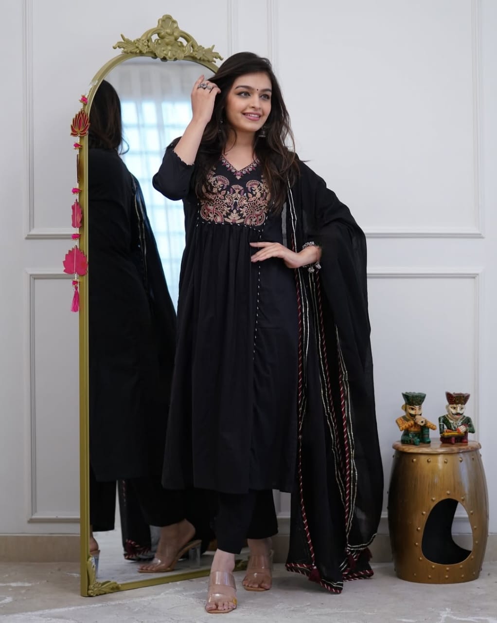 Anarkali Black Cotton Dupatta Set