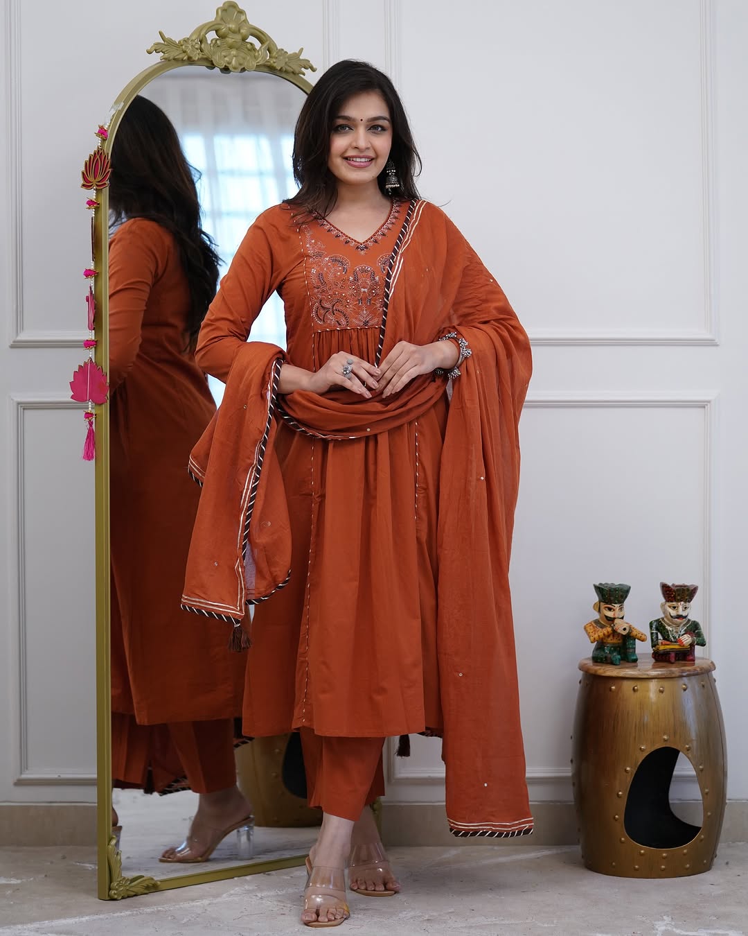 Anarkali Orange Cotton Dupatta Set