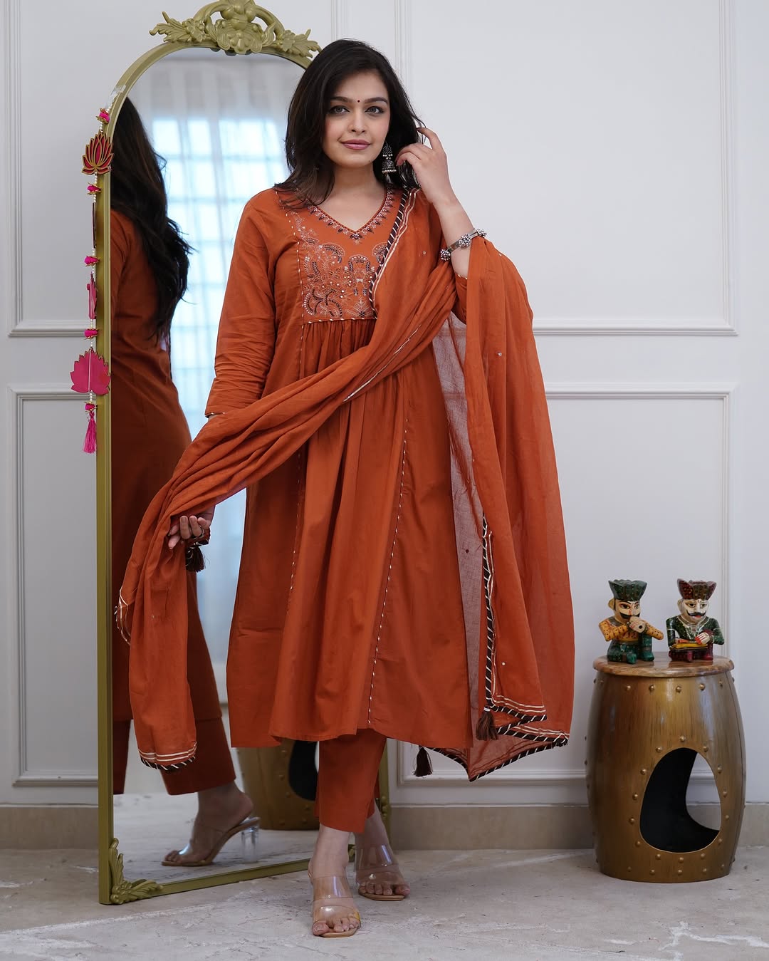 Anarkali Orange Cotton Dupatta Set