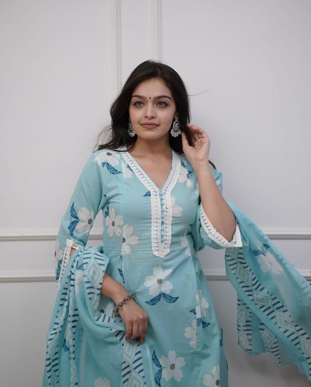 Beautiful Embroidery Blue Cotton Floral Printed Dupatta Set