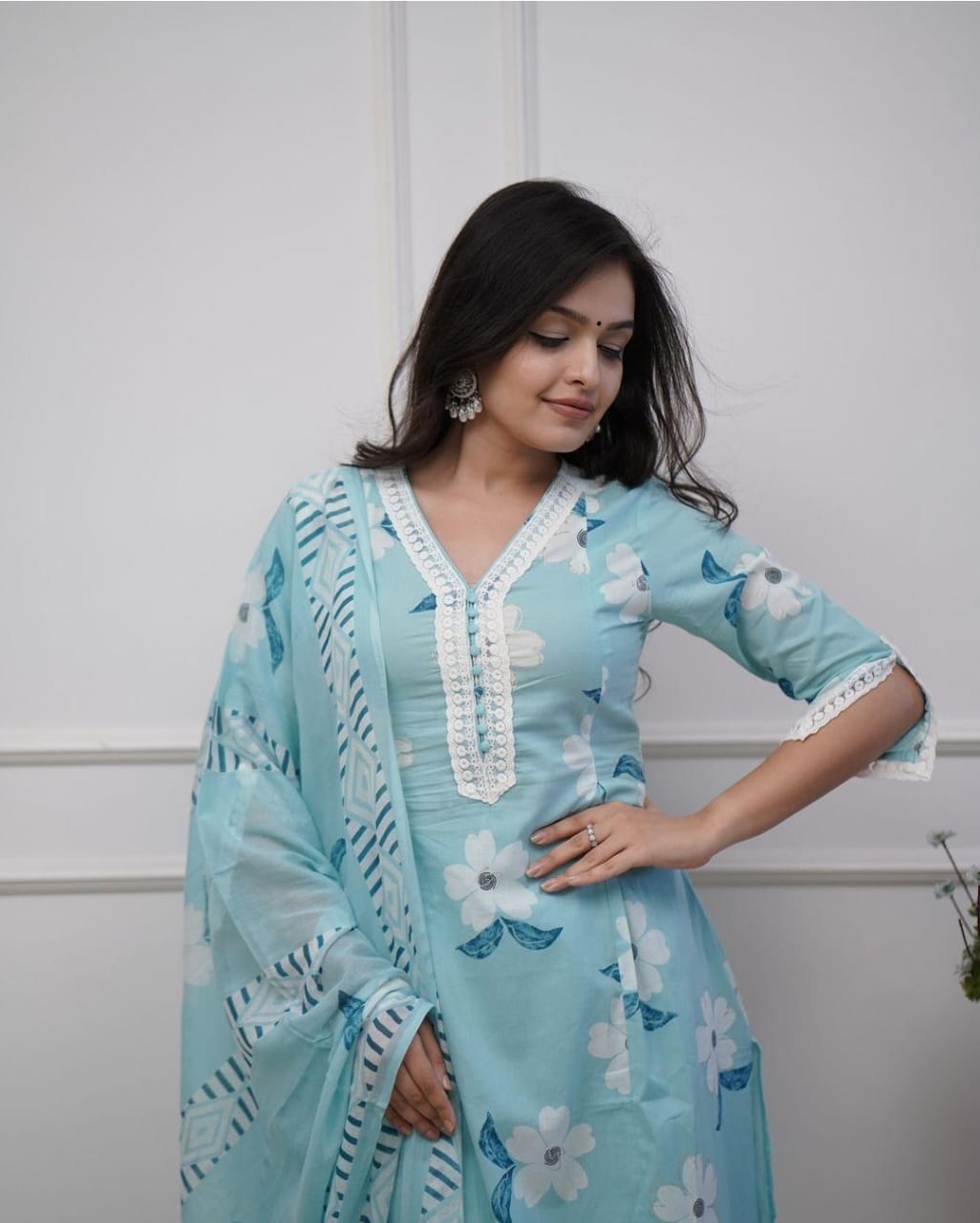 Beautiful Embroidery Blue Cotton Floral Printed Dupatta Set