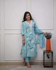 Beautiful Embroidery Blue Cotton Floral Printed Dupatta Set