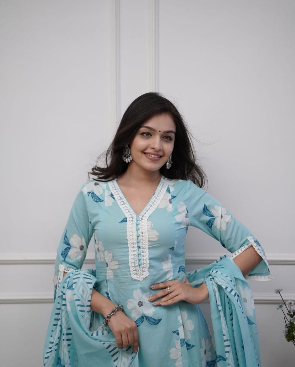 Beautiful Embroidery Blue Cotton Floral Printed Dupatta Set