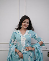 Beautiful Embroidery Blue Cotton Floral Printed Dupatta Set