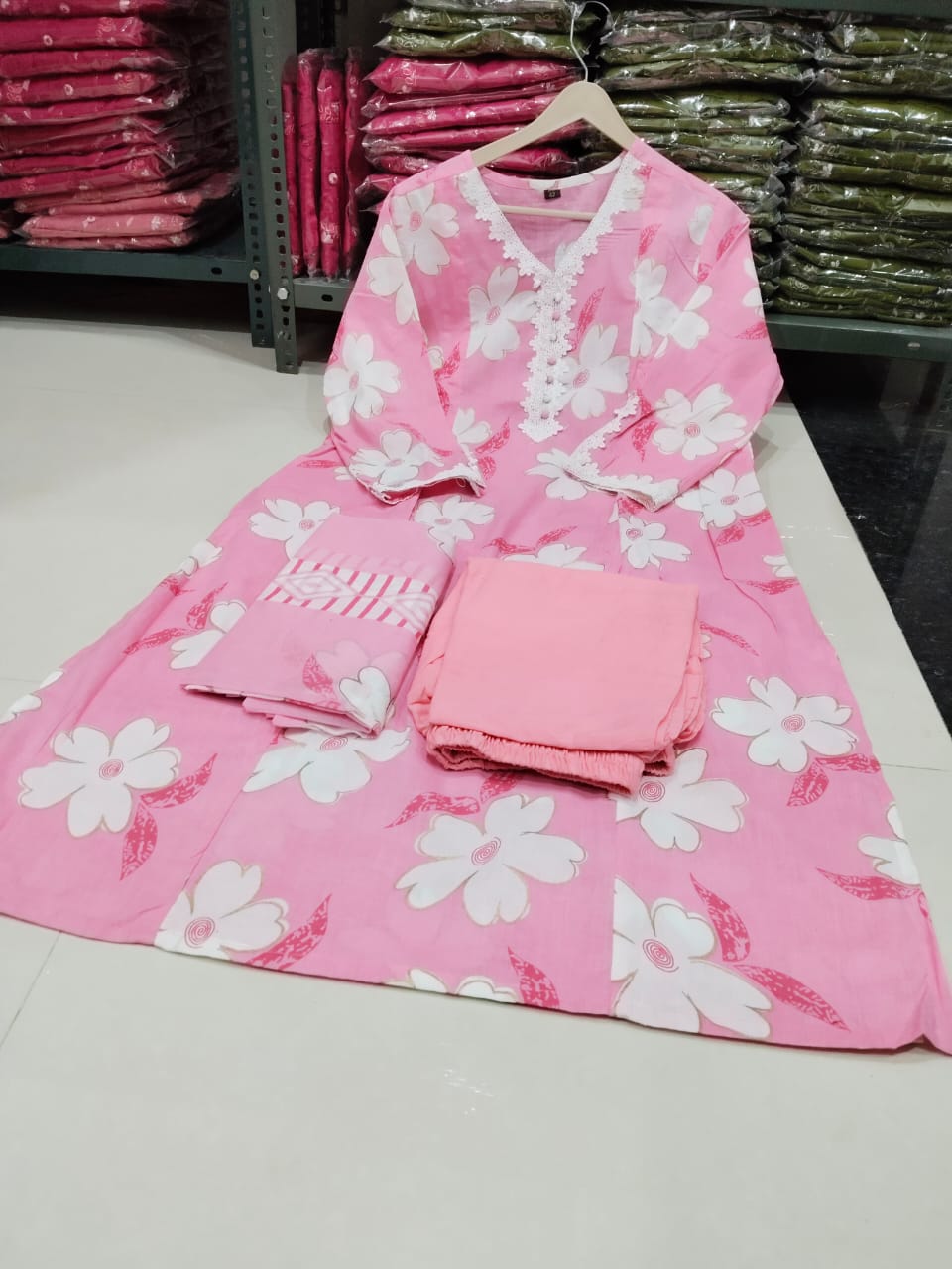 Beautiful Embroidery Pink Cotton Floral Printed Dupatta Set