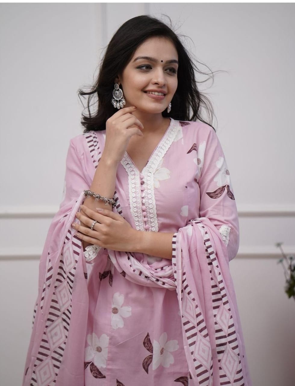 Beautiful Embroidery Pink Cotton Floral Printed Dupatta Set