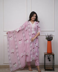 Beautiful Embroidery Pink Cotton Floral Printed Dupatta Set
