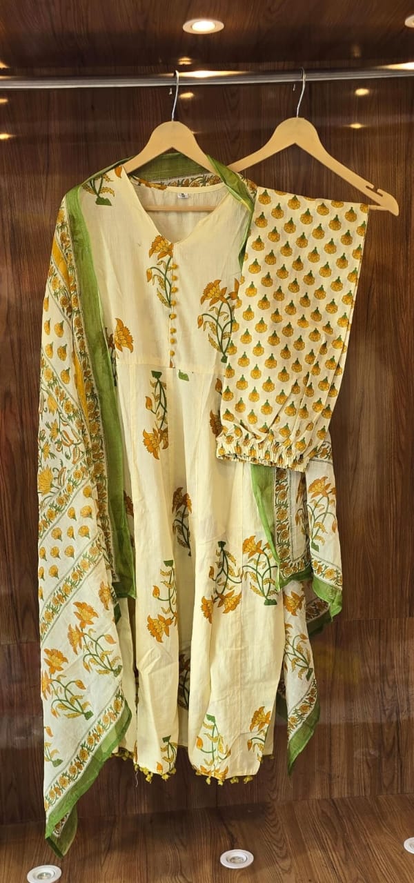 Floral Printed Anarkali White Dupatta Set