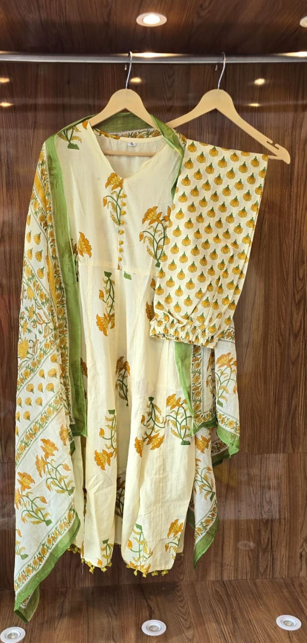 Floral Printed Anarkali White Dupatta Set