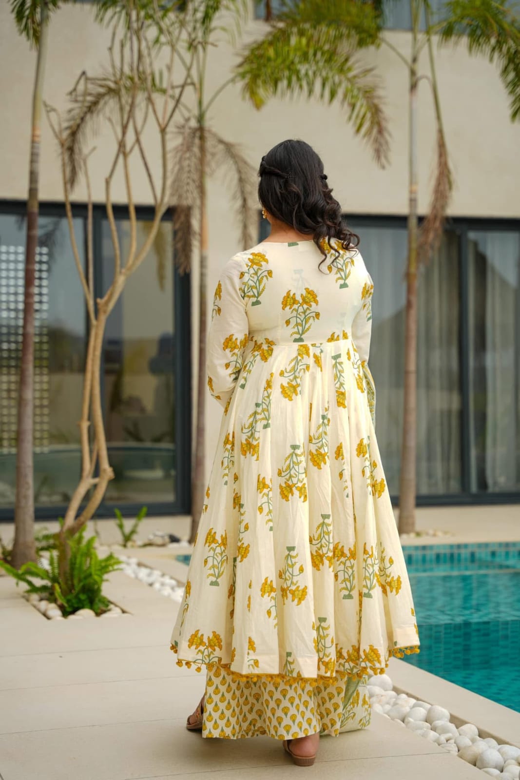 Floral Printed Anarkali White Dupatta Set